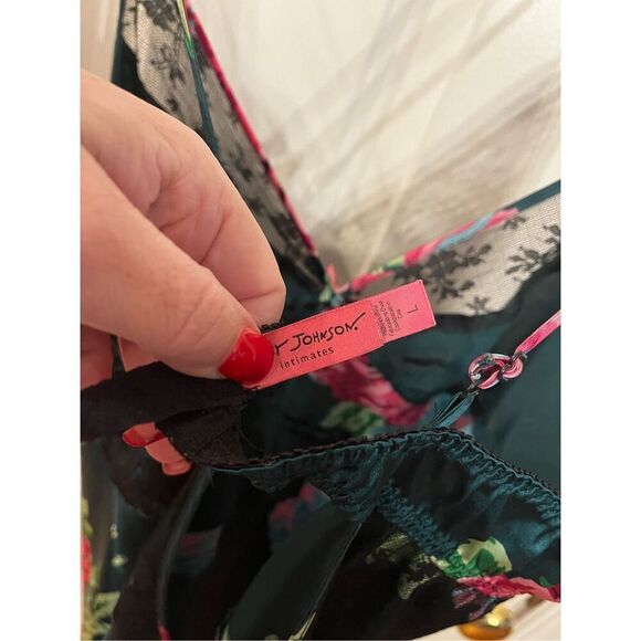 Betsey Johnson Green & Pink Floral Satin Slip Chemise sz L - Picture 6 of 8